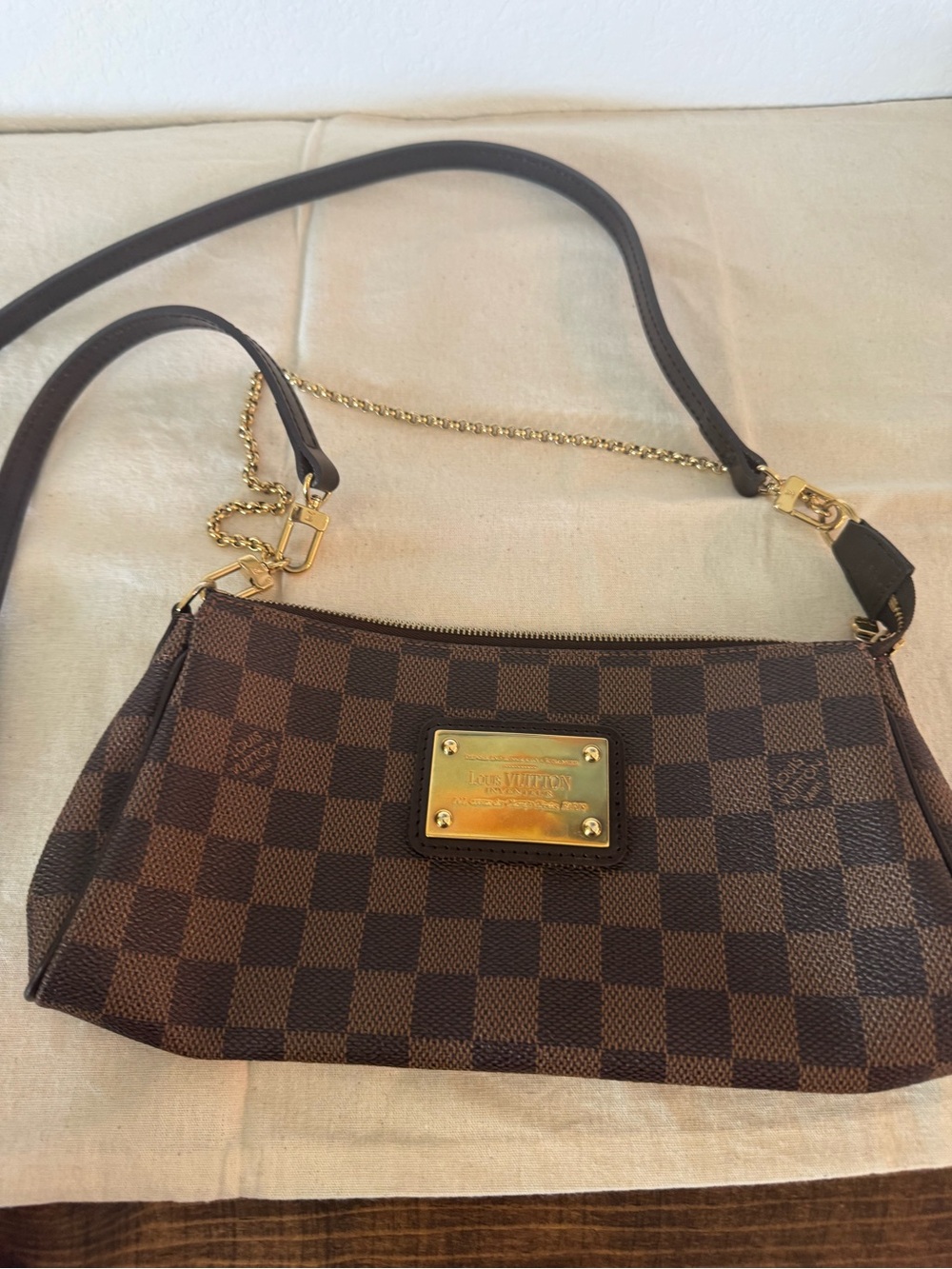 Authentic Louis Vuitton Brown Damier Ebene Eva pouchette, cross body